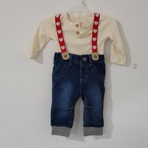 CAT JACK VALENTINES DAY DENIM HEARTS RIBBED ONESIE OVERALL SET 0 3 MONTHS BABY